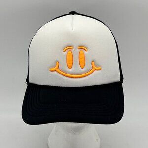 Smiley Face Trucker Hat Cap Mesh Back Black White Snap Back By Outdoor Cap